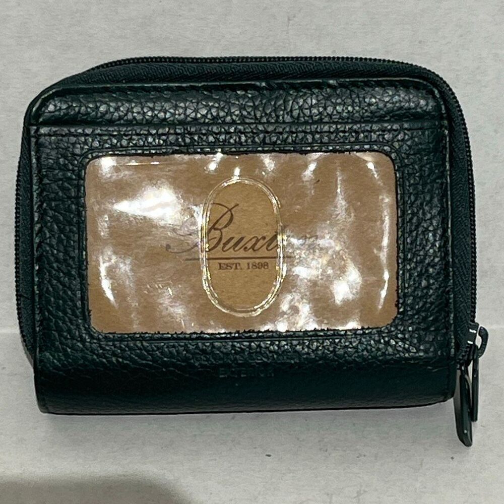 Buxton Accordion Wallet Dark Green Pebbled Zip‎ Around ID Window Card Holder